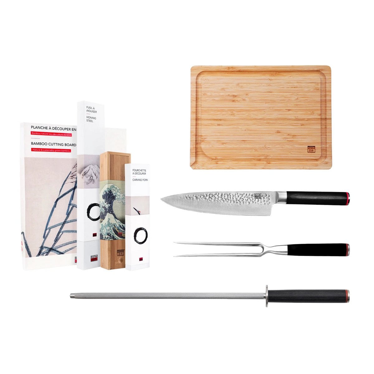 Messer- und Küchenzubehör-Set – Das BBQ-Set Deluxe: Gyuto (Kochmesser) + Tranchiergabel + Wetzstahl + Bambus-Schneidebrett