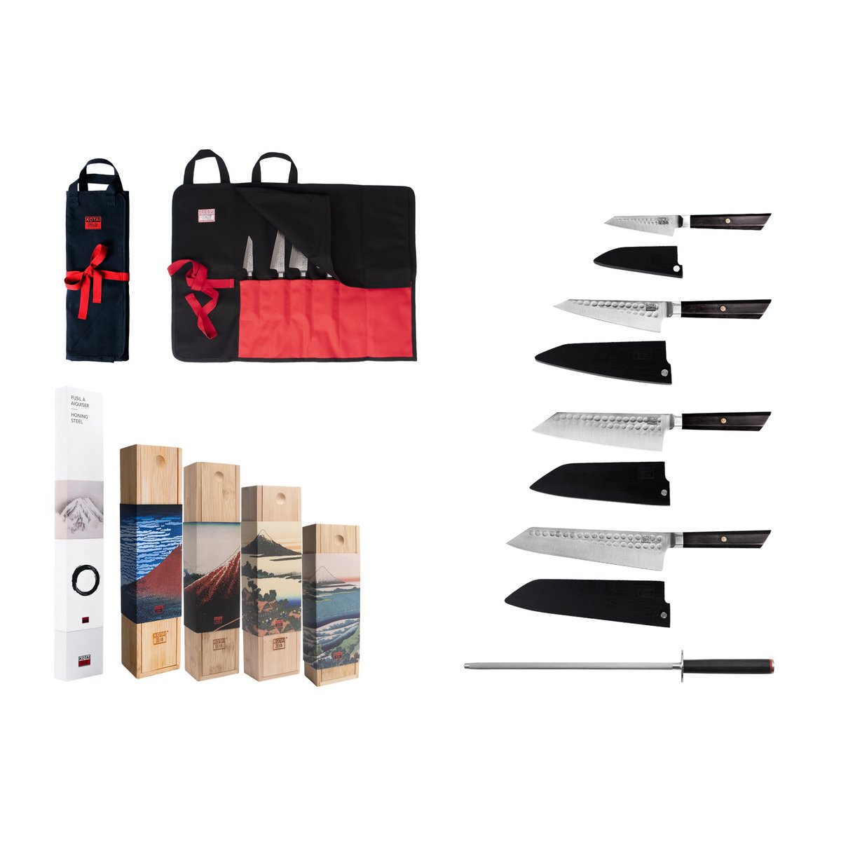 Set aus Messern und Küchenzubehör – Bunka Complete Set Deluxe (C): 4 Messer (Bunka Schälmesser + Bunka Petty + Bunka Santoku + Kiritsuke) + 2 Zubehörteile (Rollmessertasche aus 100 % Baumwolle + Wetzstahl)
