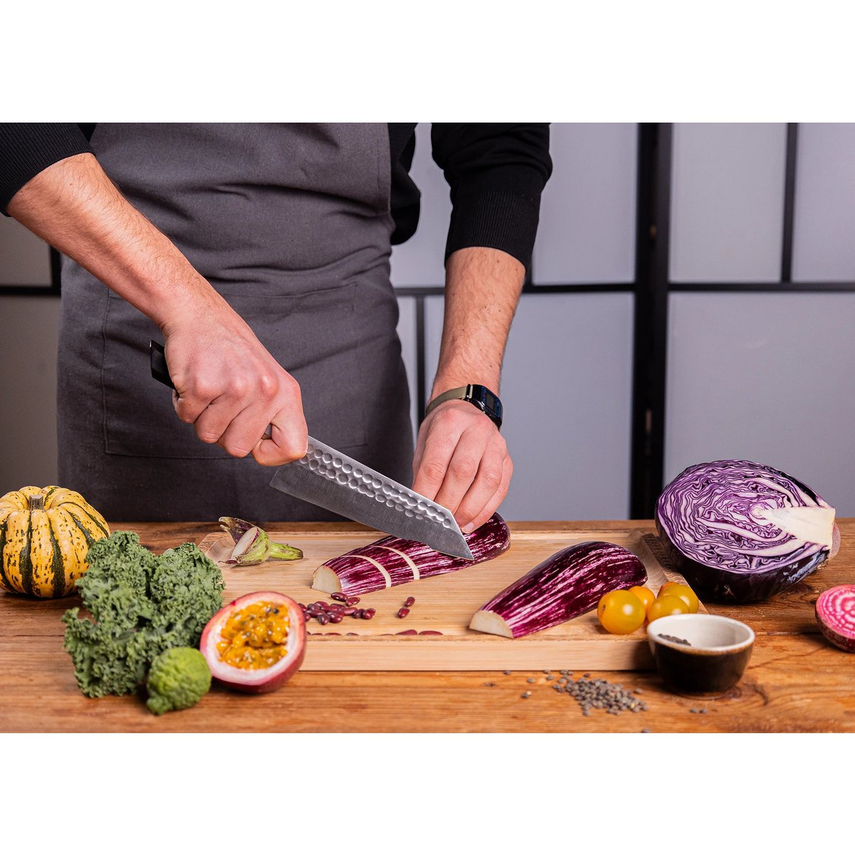 Messer - Bunka Santoku mit Bambus-Saya und Bambusbox - 170-mm-Klinge