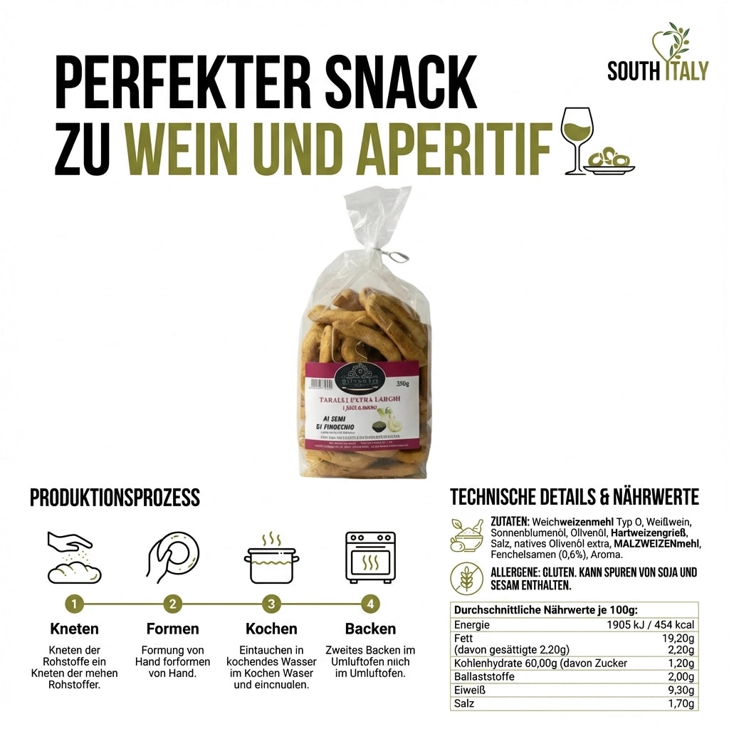 Handgemachte Apulische Taralli mit Fenchelsamen 350g.