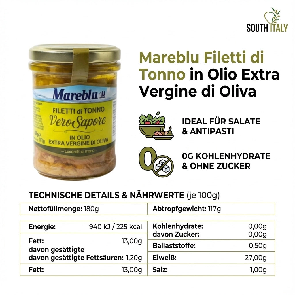 Mareblu Filetti di Tonno in Olio Extra Vergine di Oliva im Glas 180g