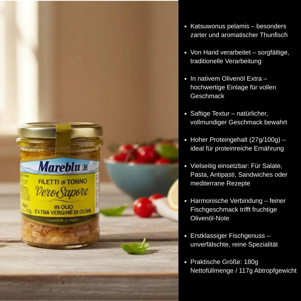 Mareblu Filetti di Tonno in Olio Extra Vergine di Oliva im Glas 180g