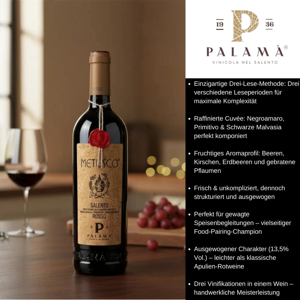 Metiusco Salento IGP Negroamaro Malvasia Primitivo 2024 0,75l Flasche